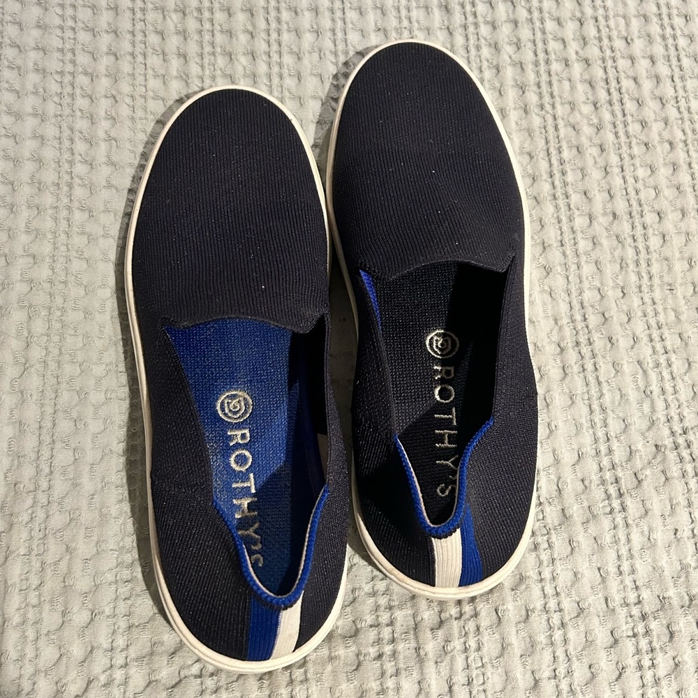 Rothy's Slip-On Sneakers in Navy with White Stripe